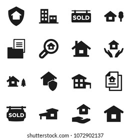 Flat vector icon set - house hold vector, cottage, chalet, estate document, sold signboard, apartments, search, home protect