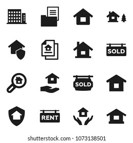 Flat vector icon set - house hold vector, chalet, estate document, rent signboard, sold, apartments, search, home protect
