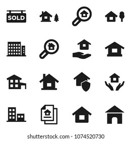 Flat vector icon set - house hold vector, cottage, chalet, estate document, sold signboard, apartments, search, home protect