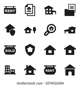 Flat vector icon set - house vector, cottage, chalet, estate document, rent signboard, sold, apartments, search, home protect