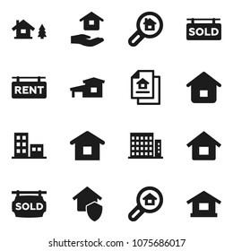Flat vector icon set - house hold vector, cottage, chalet, estate document, rent signboard, sold, apartments, search, home protect