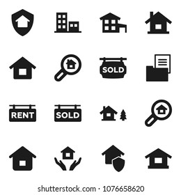 Flat vector icon set - house hold vector, cottage, chalet, estate document, rent signboard, sold, apartments, search, home protect