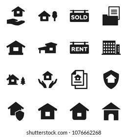 Flat vector icon set - house hold vector, cottage, chalet, estate document, rent signboard, sold, apartments, home protect