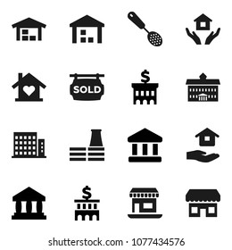 Flat vector icon set - house hold vector, skimmer, university, bank, building, office, warehouse, barn, sold signboard, apartments, love home, factory, store