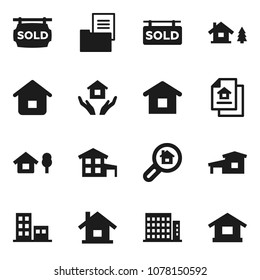 Flat vector icon set - house hold vector, cottage, chalet, estate document, sold signboard, apartments, search, home