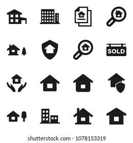 Flat vector icon set - house hold vector, cottage, chalet, estate document, sold signboard, apartments, search, home protect