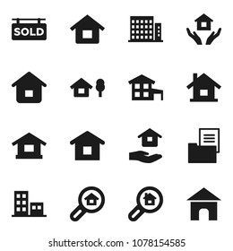 Flat vector icon set - house hold vector, cottage, chalet, estate document, sold signboard, apartments, search, home