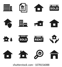 Flat vector icon set - house hold vector, cottage, chalet, estate document, rent signboard, sold, apartments, search, home protect