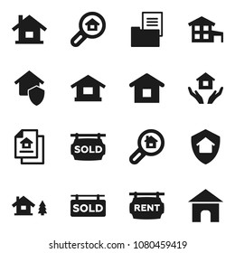 Flat vector icon set - house hold vector, cottage, chalet, estate document, rent signboard, sold, search, home protect