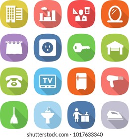 flat vector icon set - houses vector, city, architector, mirror, curtain, power socket, key, garage, phone, tv, fridge, hair dryer, broom, water tap sink, kitchen cleaning, iron