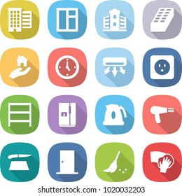 flat vector icon set - houses vector, window, building, brick, real estate, watch, air conditioning, power socket, rack, fridge, kettle, hair dryer, cutting board, door, broom, wiping