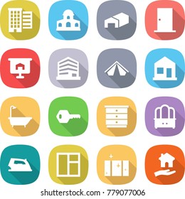 flat vector icon set - houses vector, mansion, warehouse, door, presentation, office, tent, home, bath, key, chest of drawers, dresser, iron, window, clean, housing
