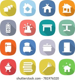 flat vector icon set - houses vector, smart house, bungalow, home, remote control, alarm, table, fridge, toaster, pan, door, bbq, towels, rake, cleaning