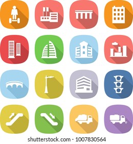 flat vector icon set - hoverboard vector, store, bridge, building, skyscrapers, skyscraper, city, outdoor light, office, traffic, escalator, trash truck, sweeper