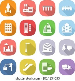 flat vector icon set - hoverboard vector, store, bridge, building, skyscrapers, skyscraper, city, outdoor light, office, scooter shipping, loading, escalator, hotel, sweeper