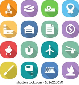 flat vector icon set - hoverboard vector, pill, head reflector, medical harness, church, garage, document, compass, bbq, magnet, windmill, garlic clasp, spatula, mixer, spices, sprouting