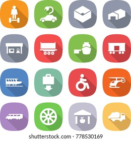 flat vector icon set - hoverboard vector, electric car, box, warehouse, gas station, truck shipping, port, railroad, train, baggage get, invalid, helicopter, speed, wheel, trash