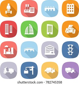flat vector icon set - hoverboard vector, store, bridge, building, skyscrapers, skyscraper, modern architecture, city, office, traffic light, scooter shipping, loading, trash truck, sweeper