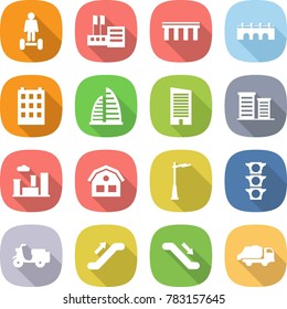 flat vector icon set - hoverboard vector, store, bridge, building, skyscraper, district, city, house, outdoor light, traffic, scooter shipping, escalator, trash truck