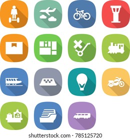 flat vector icon set - hoverboard vector, journey, bike, airport tower, package box, consolidated cargo, do not trolley sign, train, taxi, air ballon, motorcycle, baggage checking, cruise ship