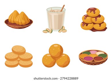 Flat vector icon set for Indian food and drink, featuring nuts, sweets, milkshake beverage, dessert, and traditional treats.