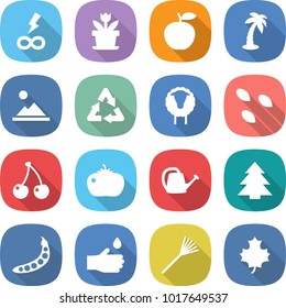 flat vector icon set - infinity power vector, flower, apple, palm, landscape, recycle, sheep, seeds, cherry, tomato, watering can, spruce, peas, hand drop, rake, maple leaf