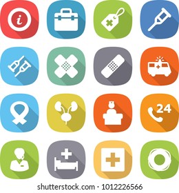 flat vector icon set - info vector, doctor bag, medical label, crutch, patch, ambulance car, harness, kidneys, hospital recieption, phone 24, support manager, first aid, lifebuoy