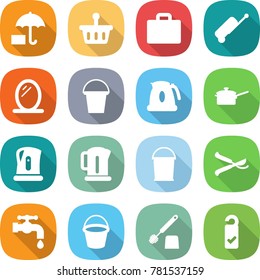 flat vector icon set - insurance vector, basket, suitcase, mirror, bucket, kettle, saute pan, pruner, water tap, toilet brush, please clean