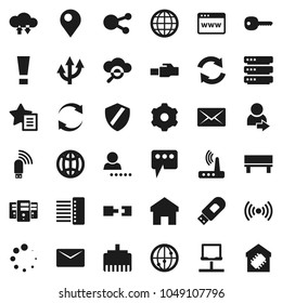 Flat vector icon set - internet vector, social media, notebook network, cloud glass, exchange, big data, server, browser, gear, shield, hub, usb modem, router, lan connector, home, favorites, bench