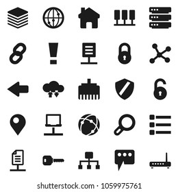 Flat vector icon set - internet vector, connection, network, server, notebook, cloud exchange, big data, menu, shield, lan connector, home, message, arrow, chain, hierarchy, document, lock, unlock