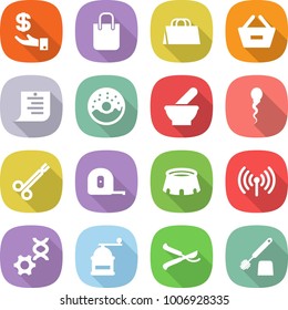 flat vector icon set - investment vector, shopping bag, remove from basket, list, donut, mortar, sperm, surgical clamp, measuring tape, stadium, wireless, dna edit, hand mill, pruner, toilet brush