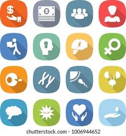 flat vector icon set - investment vector, money, group, woman, courier, bulb head, brain, female sign, artificial insemination, chromosomes, sperm, kidneys, virus, health care, hand and drop