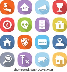 flat vector icon set - investment vector, wireless home, loudspeaker, wineglass, info, skull, archive, hi quality package, bungalow, shield, welcome mat, vr helmet, data search, no signal, sheep