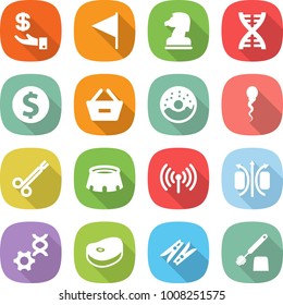 flat vector icon set - investment vector, flag, chess horse, dna, dollar coin, remove from basket, donut, sperm, surgical clamp, stadium, wireless, magnetic field, edit, steake, clothespin