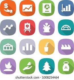 flat vector icon set - investment vector, statistics, annual report, graph, presentation, flower, greenhouse, chart, seedling, sprouting, hand leaf, spruce, fertilizer
