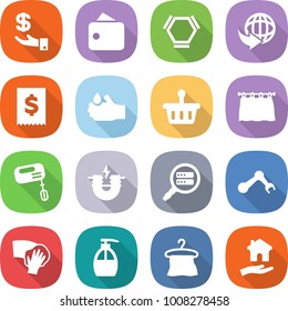 flat vector icon set - investment vector, wallet, hex molecule, delivery, tax, acid, basket, curtain, mixer, electric magnet, data search, robot hand, wiping, liquid soap, hanger, housing