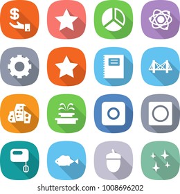 flat vector icon set - investment vector, star, diagram, atom, gear, copybook, bridge, modern architecture, fountain, ring button, mixer, fish, acorn, shining