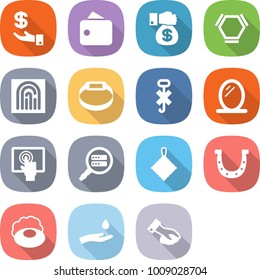 flat vector icon set - investment vector, wallet, money gift, hex molecule, fingerprint, smart bracelet, do not hook sign, mirror, touchscreen, data search, rag, horseshoe, soap, hand and drop
