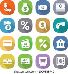 flat vector icon set - investment vector, money bag, gift, percent, dollar arrow, hand coin, credit card, library, atm, safe