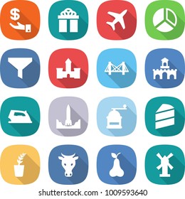 flat vector icon set - investment vector, gift, plane, diagram, funnel, castle, bridge, fort, iron, rocket start, hand mill, cake, seedling, cow, pear, windmill