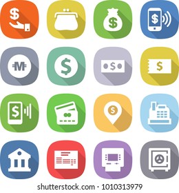 flat vector icon set - investment vector, purse, money bag, phone pay, crypto currency, dollar coin, receipt, mobile, credit card, pin, cashbox, library, invoice, atm, safe