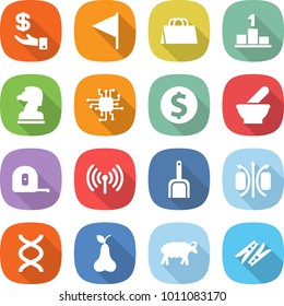 flat vector icon set - investment vector, flag, shopping bag, pedestal, chess horse, chip, dollar coin, mortar, measuring tape, wireless, scoop, magnetic field, dna, pear, sheep, clothespin