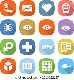 flat vector icon set - investment vector, statistics, heart, notebook globe, atom, eye, female sign, cross, bridge, houses, 3d, radiator, cpu, fish
