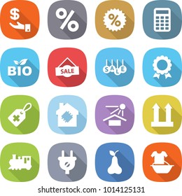 flat vector icon set - investment vector, percent, calculator, bio, sale, medal, medical label, smart house, sun potection, cargo top sign, train, plug, pear, handle washing
