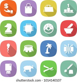 flat vector icon set - investment vector, shopping bag, pedestal, chess horse, chip, donut, mortar, sperm, stadium, palm, magnetic field, usb flash, sheep, pruner, toilet brush