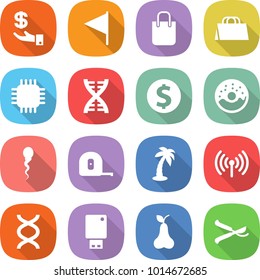 flat vector icon set - investment vector, flag, shopping bag, chip, dna, dollar coin, donut, sperm, measuring tape, palm, wireless, usb flash, pear, pruner