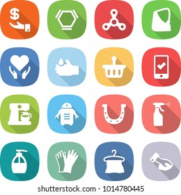 flat vector icon set - investment vector, hex molecule, spinner, broken hand, health care, acid, basket, mobile checking, coffee maker, robot, horseshoe, sprayer, liquid soap, gloves, hanger, wiping