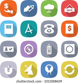 flat vector icon set - investment vector, up down arrow, cloud wireless, sale, copybook, draw compass, phone, tax, check in, remote control, ring button, electric magnet, satellite antenna, sheep