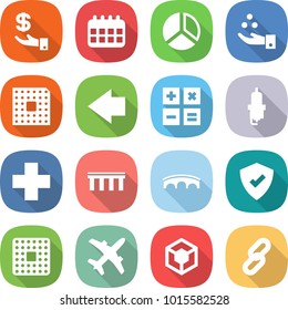 flat vector icon set - investment vector, calendar, diagram, chemical industry, cpu, left arrow, calculator, spark plug, cross, bridge, protected, plane, 3d, link