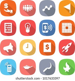 flat vector icon set - investment vector, team, graph, flag, abacus, bulb, phone pay, cpu, megafon, clock, tax, rocket, mobile, pan, sickle, fire